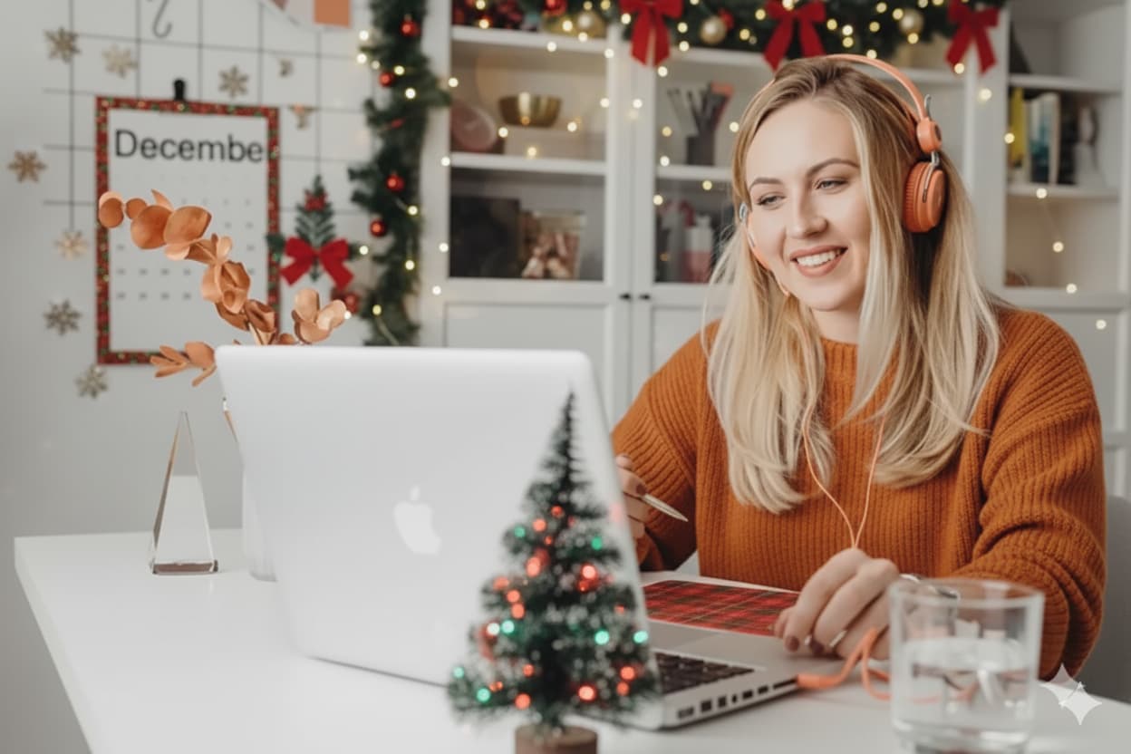 Woman at a desk at Christmas receiving a eGift card.