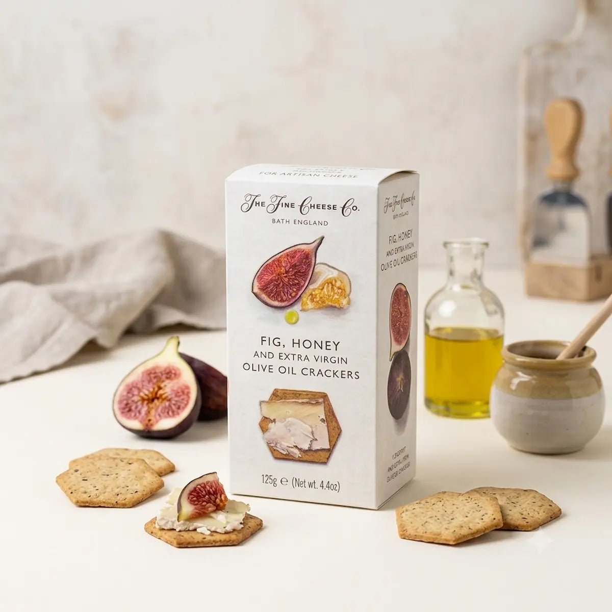 A box of The Fine Cheese Co crackers.