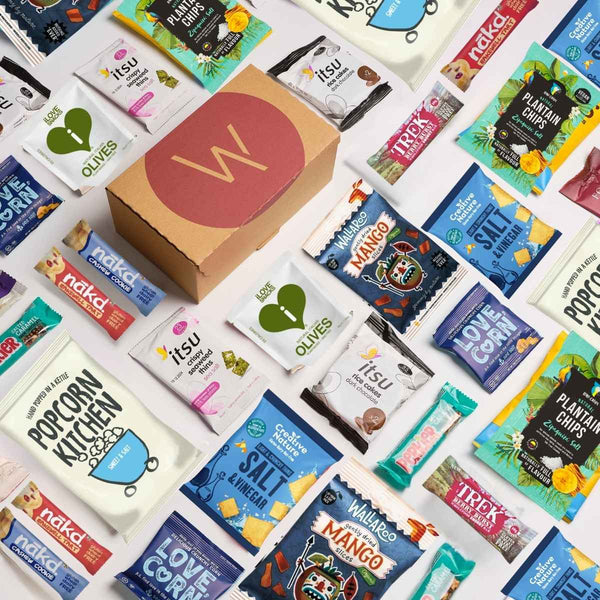 Collection of 36 different vegan and gluten free snacks.