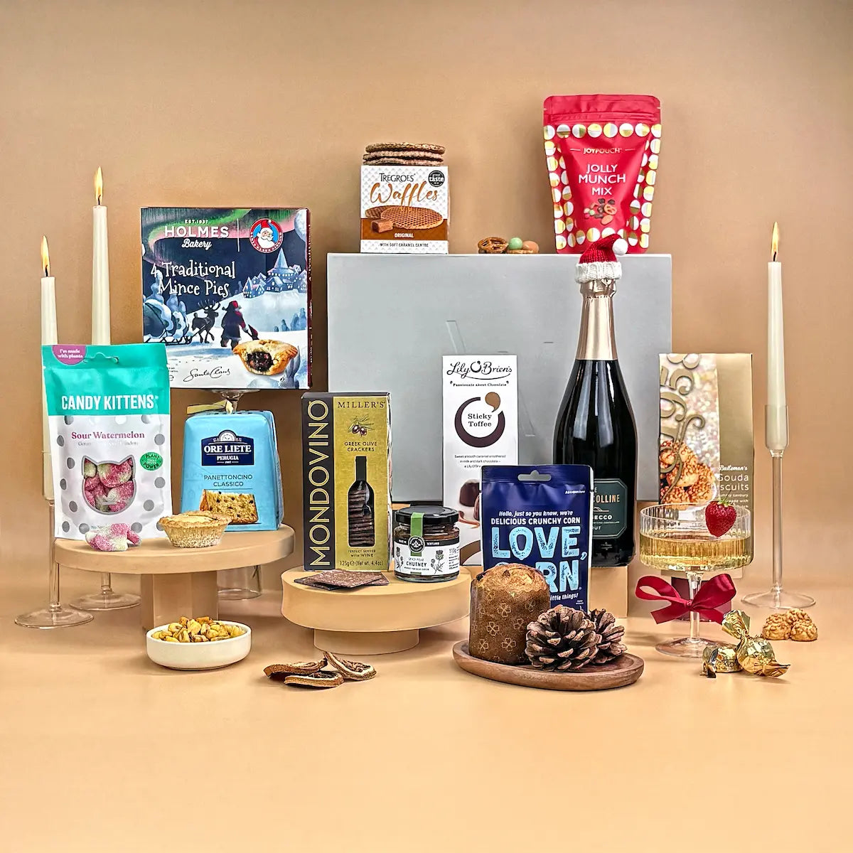 A premium Christmas food hamper perfect for client Christmas gifts or team rewards, filled with festive sweet and savoury treats plus a charitable donation.