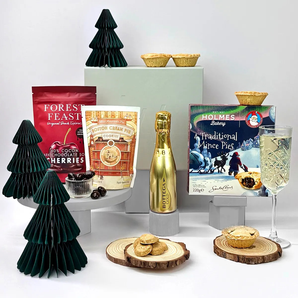 Festive corporate Christmas gift with Prosecco, mince pies & sweet treats and a charitable meal donation. Ideal Christmas client and employee appreciation gift.