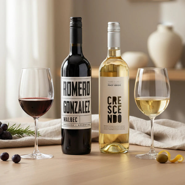 Elegant red and white wine duo gift with charitable donation.