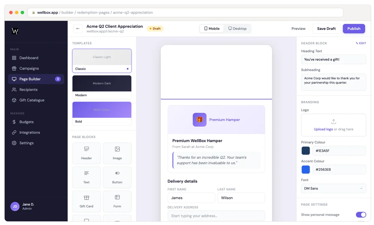 WellBox branded page builder interface