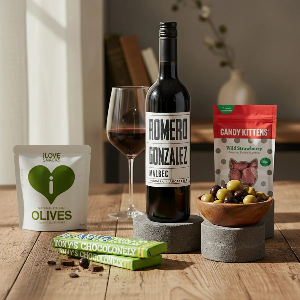 Red wine gift with sweet and savoury snacks, plus a charitable meal donation.  