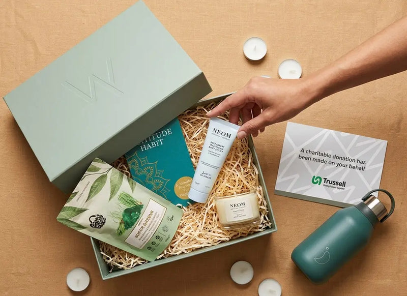 WellBox bespoke gift flat-lay with sage green box and premium products